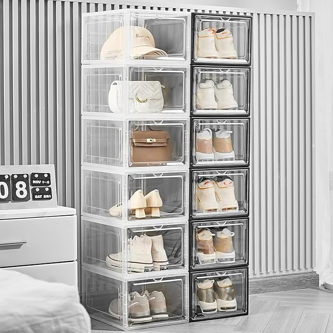 Attelite Upgrade 12pack Shoe Box Storage Containers,Thicken Sturdy Clear Stackable Plastic Shoe Organizer Box with Magnetic D