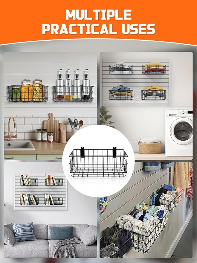 AZUNO 4 Pack Slatwall Baskets Set, Heavy Duty Metal Slat Wall Accessories Wire Baskets, Hanging Storage Organizer for Garage,