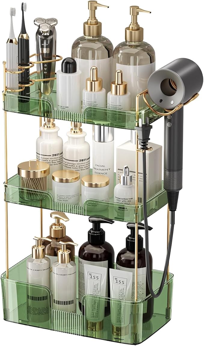 Aveniee Bathroom Counter Organizer,3 Tier Skincare Perfume Countertop Storage with Hair Dryer Rack and Toothbrush Holder, Cos