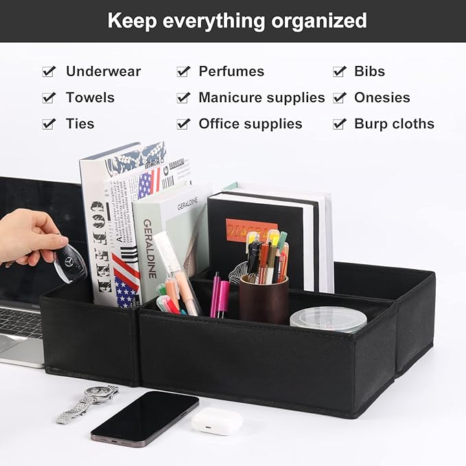 6 Pack Dresser Organizers - Drawer Organizers for Clothing & Baby, Woven-Fabric Storage Drawers (Black