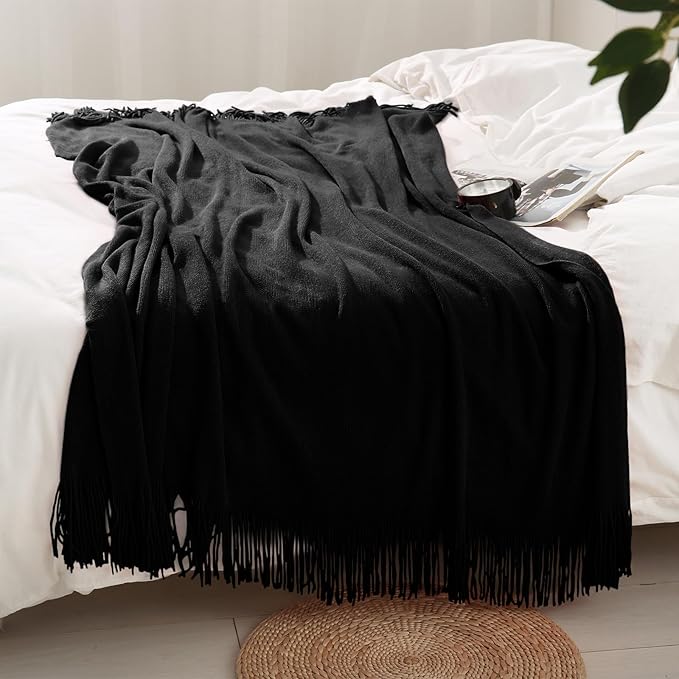 Homiest Decorative Knitted Throw with Fringe, Lightweight Acrylic Knit, Soft Tassel for Couch, Sofa, Bed (Black, 50 x 60 Inch