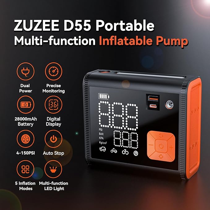 Tire Inflator Portable Air Compressor, 150 PSI Dual Cylinder 3X Faster Portable tire inflator, 28000mAh Dual Power Mode Portable Air Pump for Car Tires, Motorcycle Tires, Bikes Tires, Balls, etc