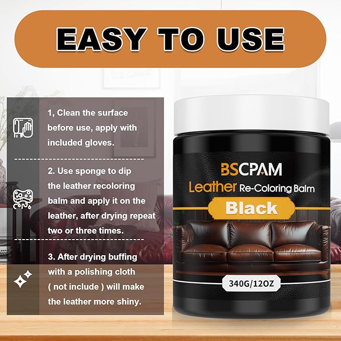 Black Leather Recoloring Balm, 12oz Leather Color Restorer for Couches, Leather Repair Kit for Furniture, Leather Dye for Lea