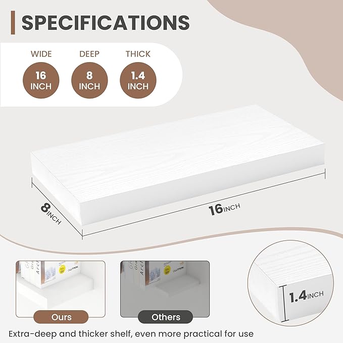 16 Inch Floating Shelves, 8 Inch Deep Floating Shelves for Wall, Hanging Shelf with Invisible Brackets, Deep Shelves for Bath