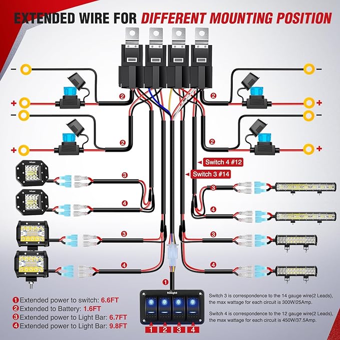 Nilight 16AWG 14AWG 12AWG LED Light Bar Wiring Harness Kit 12V On/Off 4 Gang Rocker Switch Panel Power Relay Blade Fuse 5Pin Toggle Switches for Cars Boat ATV Trucks-8 Leads