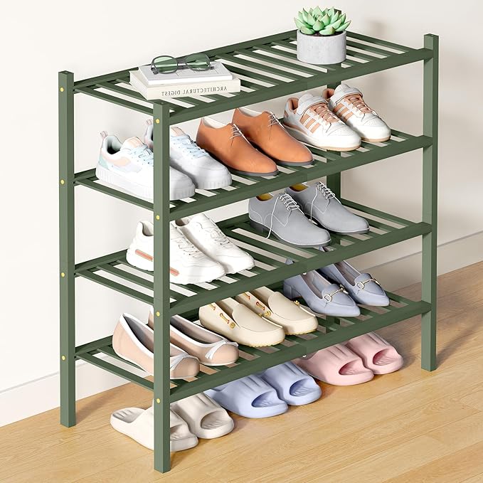 Smiry Bamboo Shoe Rack for Closet, 4 Tier Wooden Stackable Shoe Organizer, Free Standing Shoes Storage Shelf for Entryway, Fr