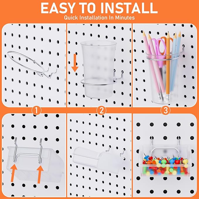 INCLY 30PCS Peg Board Organizer Accessories Kit, Pegboard Hooks Assortment with Bins, Cups, Wire Baskets and Paper Towel Hold