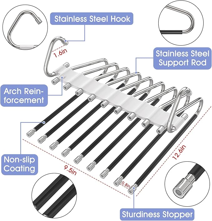 Upgrade 9 Layers Pants Hangers Space Saving, 2 Pack Multifunctional Pants Rack Non Slip Stainless Steel Clothes Space Saver H