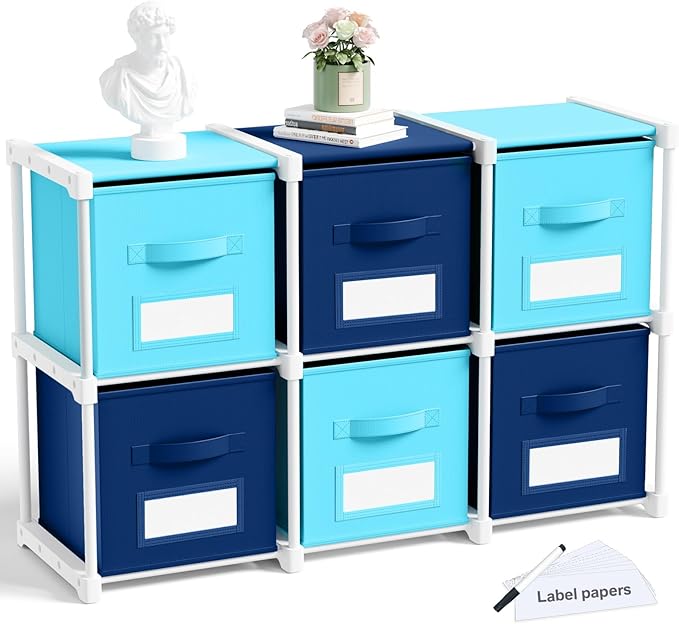 Geelin 6 Blue Cube Storage Organizer with Fabric Bins and Labels, 11 Inch Collapsible Toy Organizer Shelf Storage Bins Dresse