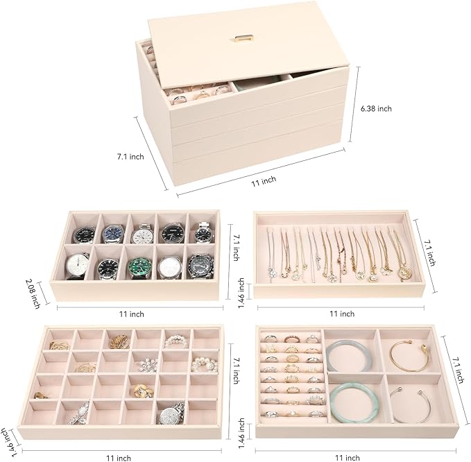 Voova Stackable Jewelry Organizer Tray with Lid, PU Leather Jewelry Storage Holder for Drawer Inserts, Jewellery Display Box 