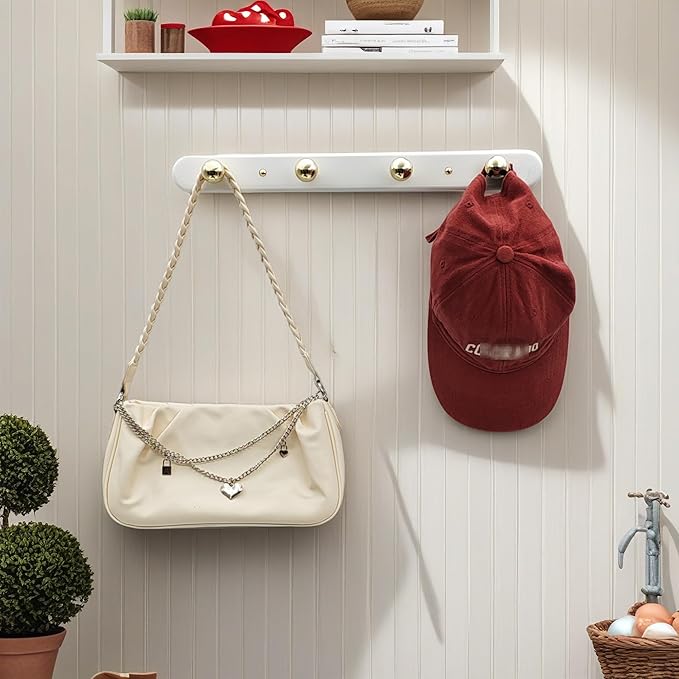 Wall Mounted Coat Hook Rack with Gold Hooks 2 Pack, Modern Wood Wall Organizer for Hanging Coats, Hats, Towels, Bags,Jackets,
