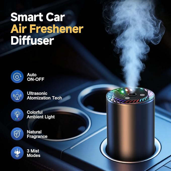 Smart Car Air Freshener with Star Light & 50ml Diffusers Oil Refills, Auto On/Off Aroma Diffuser, 3 Adjustable Mist Modes Rec