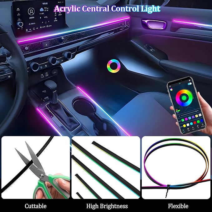 Acrylic Interior Car LED Strip Light,RGB 22 in 1 Neon Ambient Lighting Kits,Car Ambient Lighting with APP Control,LED Lights for Cars with Music Sync Dynamic Dreamcolor