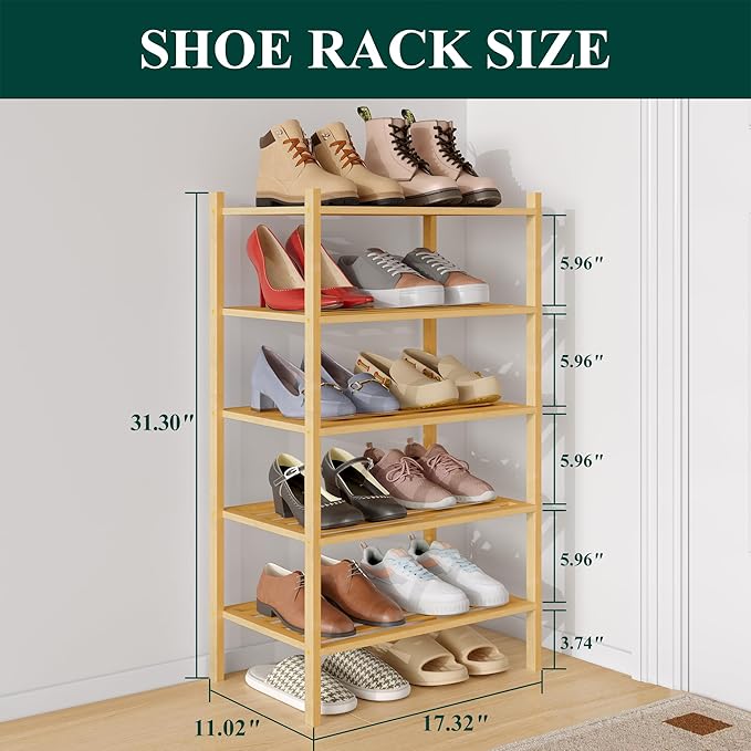 Smiry Small Bamboo Shoe Rack 5-Tier, Stackable Wooden Shoe Organizer for Entryway & Closet, Free Standing Wood Shoe Storage S