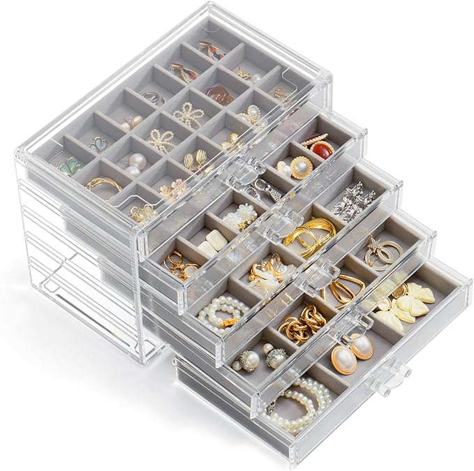 YUFONG Jewelry Organizer with 5 Drawers Clear Acrylic Earring Display Case Velvet Jewelry Storage Box Display Holder for Earr