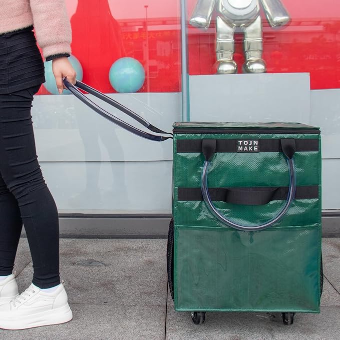 Reusable Grocery Bag On Wheels(Medium, Green), Rolling Tote Bag, Shopping Bag on Wheel, 8 Pockets and Zipper Cover for Trips, Foldable, Heavy Duty Handles, Carries Up to 66LBS