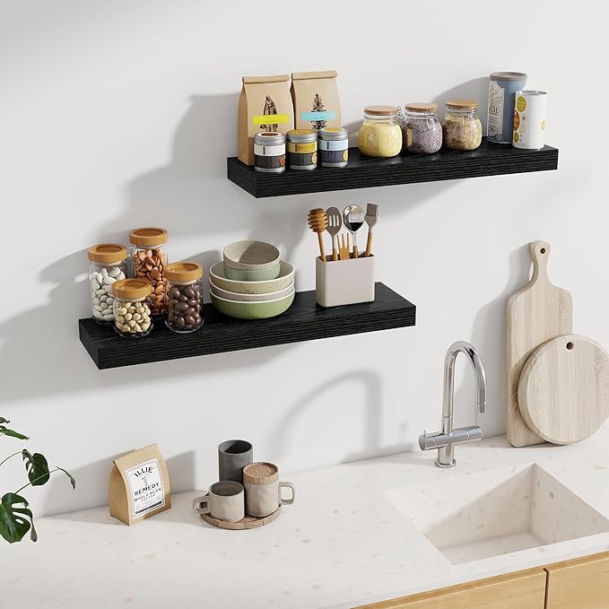 Fun Memories 30Inch Floating Shelves for Wall, 2 Pack Rustic Wood Shelves for Bathroom|Kitchen Wall Mounted Floating Shelf wi