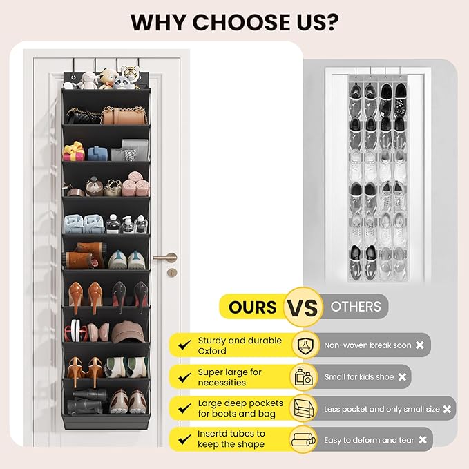 20-25 Pairs Over the Door Shoe Organizer, Clear Pockets Shoe Rack for Closet Door, 10-Tier Hanging Shoe Rack for Boots, Behin