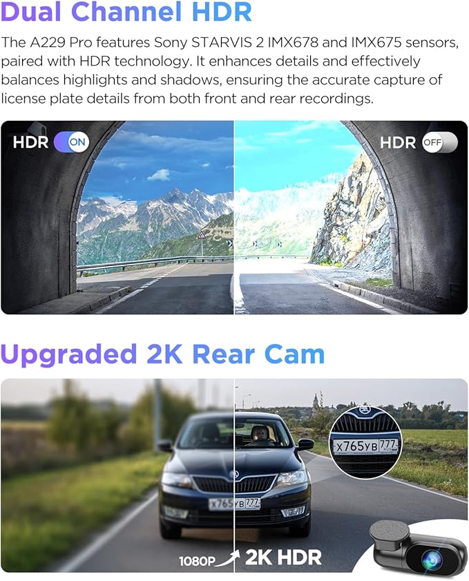 VIOFO A229 Pro 4K HDR Dash Cam, Dual STARVIS 2 IMX678 IMX675, 4K+2K Front and Rear Car Camera, 2 Channel with HDR, Voice Cont