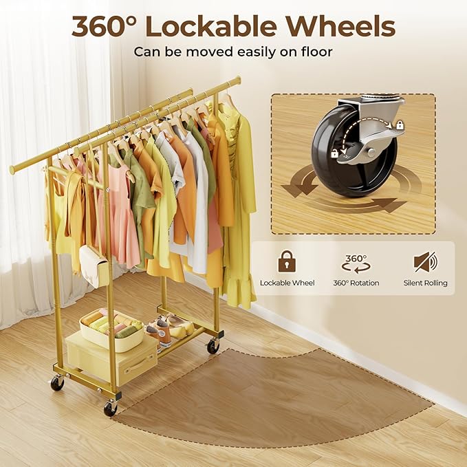 HYSEYY Double Rods Clothes Rack, Sturdy Rolling Clothing Rack, Portable Clothing Racks for Hanging Clothes - Metal Garment Ra