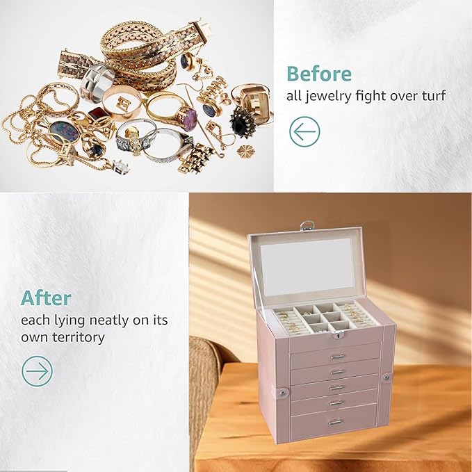 BOOVO Jewelry Box For women, 6 Layer Large Jewelry Organizer With Mirror, Multi-Function Storage Box With Lock, Accessory Hol