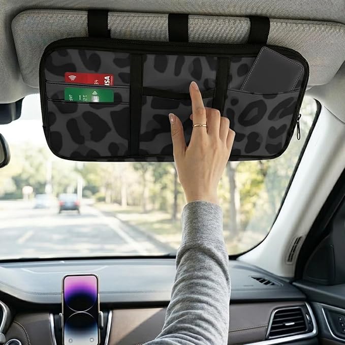 Leopard Sun Visor Organizer Small Auto Interior Visor Storage Pouch Holder with Zipper Auto Sunshade Organizer Bag, Multi-Pocket Sunvisor Storage Fashion Car Accessories