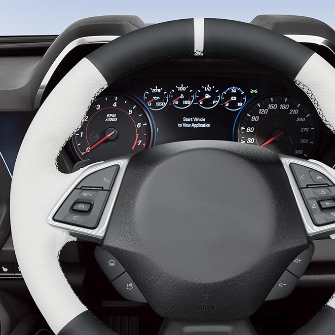 MEWANT Hand Stitched White Leather Steering Wheel Cover Wrap for Chevrolet Camaro 2017-2022 Steering Wheel Accessories for Chevrolet Camaro 2017-2022