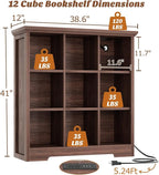 Aheaplus Wooden 9-Cube Storage Organizer with Charging Ports, Modern Cube Bookcase with Base, 4-Tier Floor Standing Open Cubb