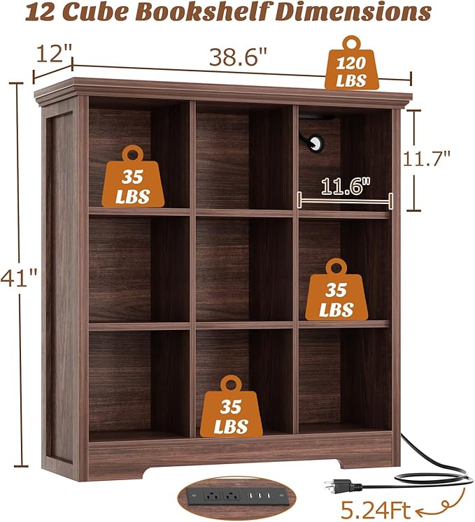 Aheaplus Wooden 9-Cube Storage Organizer with Charging Ports, Modern Cube Bookcase with Base, 4-Tier Floor Standing Open Cubb