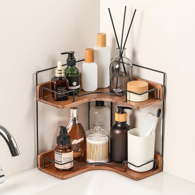2-Tier Bathroom Counter Organizer, Wooden Corner Shelf for Vanity Countertop Skincare & Makeup, Storage and Organization for 