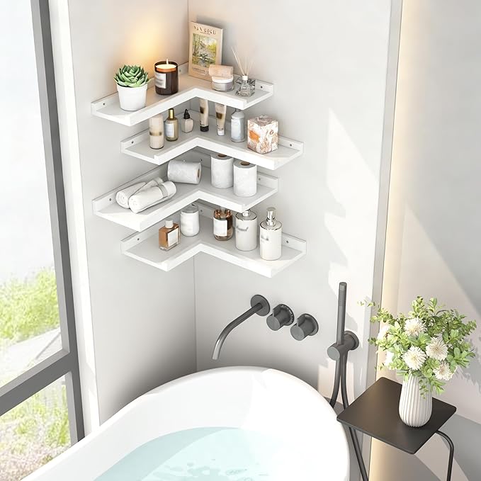 4-Tier White Corner Floating Shelves Wall Mounted - Floating Shelves with Lip, Solid Pine Wooden Corner Wall Shelf for Wall D