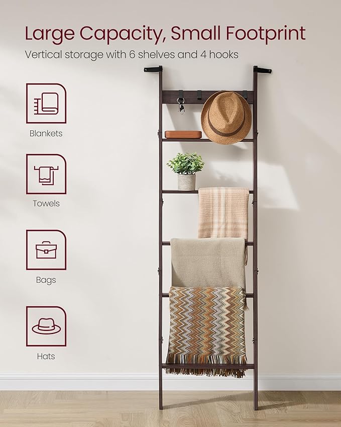 VASAGLE Blanket Ladder Shelf, 6-Tier Ladder Rack for Storage and Decor with 4 Removable Hooks, Decorative Farmhouse for The L