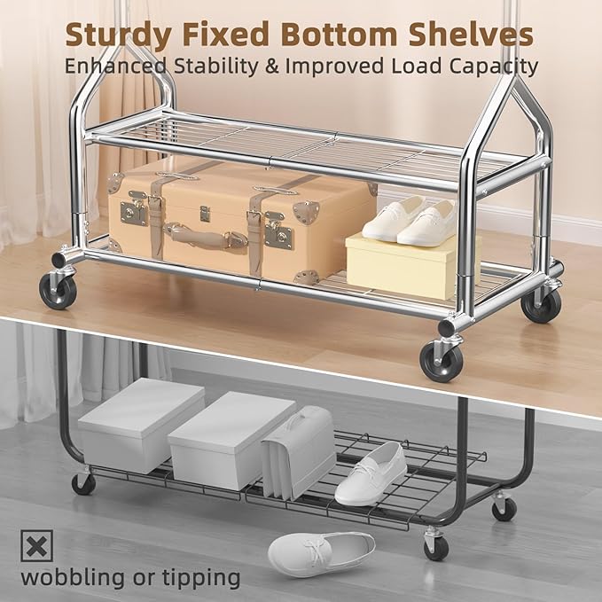 EAGMAK Heavy Duty Clothes Rack Load 556 LBS, Rolling Clothing Rack With Shelves, Height Adjustable Metal Clothes Hanger with 