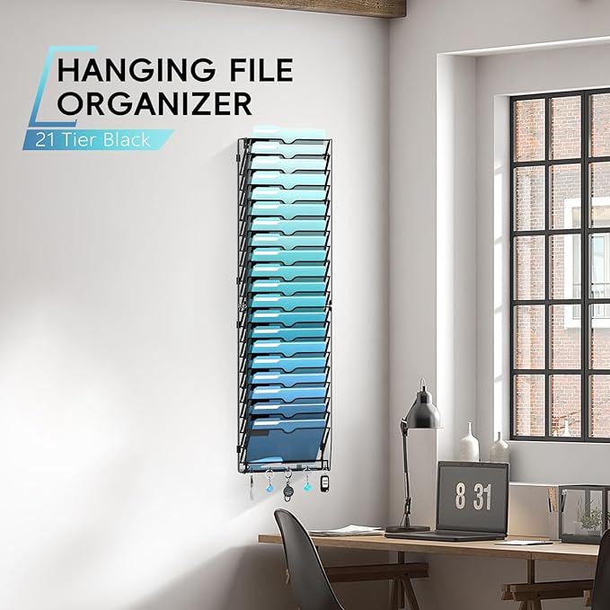 21-Tier Hanging Wall File Organizer with 5 Hooks, Wall File Holder with Labels, Vertical Wall Mount Mail Organizer for Papers
