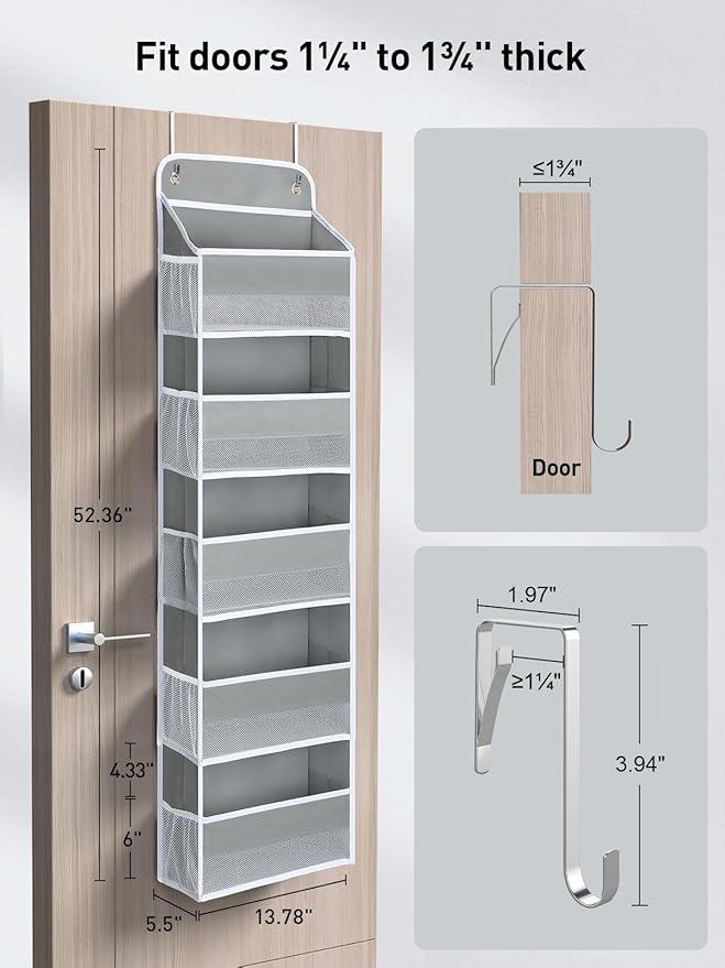 Yecaye 2 Pc Over The Door Organizer with 5 Bins 10 Side Pockets, 44lbs Load Hanging Bathroom and Bedroom Organizer, Behind Th