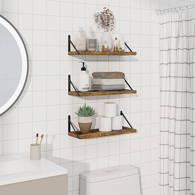 Floating Shelves, Wall Book Shelf with Brackets, 16 inch Wall Shelves Set of 3, Particle Board Wooden Shelf for Kitchen, Bath