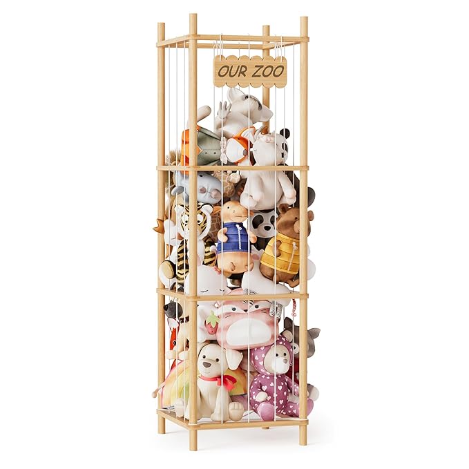 SpaceAid Stuffed Animal Storage Organizer, Wood Animals Zoo Toy Plushies Storage Holder, Large Capacity Plush Toy Cage for Pl