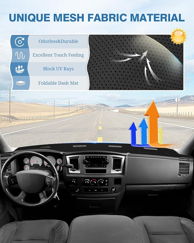 FIILINES Dash Cover for 2006-2009 Dodge Ram 2500 3500/2006-2008 Dodge Ram 1500, Dashboard Mat Cover Sunshade Nonslip Mesh Pro