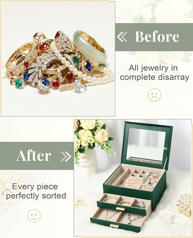 Amearea Jewelry Box Organizer for Women Girls with Mirror, 3-Layer Large Jewelry Storage Case, Synthetic Leather Jewelry Hold