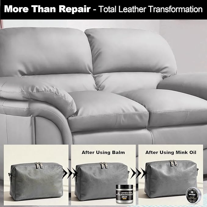 8.5 OZ Leather Recoloring Balm with 100ML Leather Conditioner - Gray Leather Repair Kit for Furniture, Leather Dye, Recolor, 