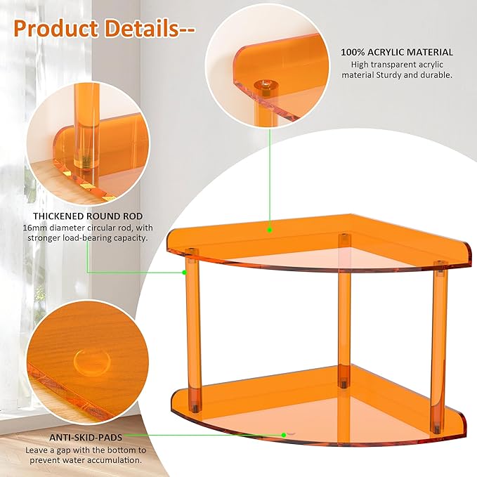 Sezanrpt 2 Tier Acrylic Corner Shelf Organizer Storage 9.5x9.5x8 Inch, Orange Countertop Corner Shelf for Bathroom, Kitchen, 