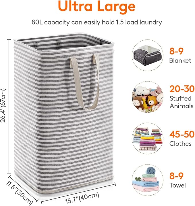 Lifewit 1 Pack Laundry Basket 80L Each, Collapsible Clothes Hamper with Reinforced Handles, Freestanding Waterproof Design fo
