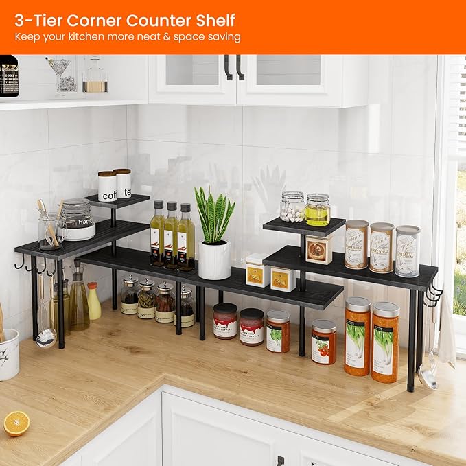 Homode Bathroom Counter Organizer Corner Shelf, Kitchen Countertop Organizer, 3 Tier Wood Counter Shelf Stand for Over The Si