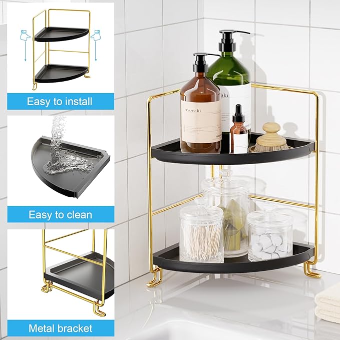FSyueyun 2-Tier Corner Bathroom Counter Organizer, Tool-Less Installation Vanity Shelf Small Plastics Countertop Makeup Tray 