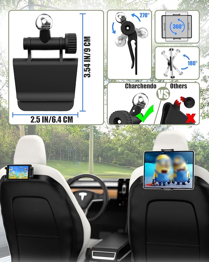 Charchendo [Custom Fit] Tablet Holder for Tesla Model Y & Model 3, Integrated Seat Backrest Mount for iPad Pro Air Mini, Rock-Solid No-Shake Bracket for Kids, Not for Model S/X or Other Cars