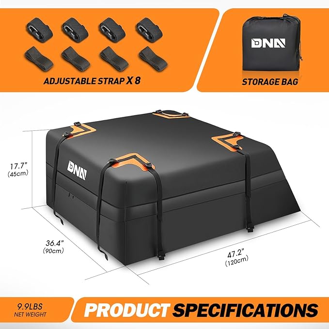 DNA Motoring Car Rooftop Waterproof Bag, 17 Cubic Feet Waterproof Car Roof Luggage Bag, Heavy Duty Car Roof Cargo Carrier Bag, Car Roof Bag, w/ 8 Reinforced Straps, TOOLS-00423