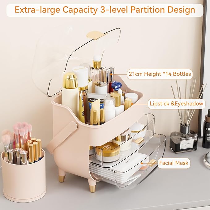 Yieach Countertop Makeup Organizer for Vanity,Large Capacity Skincare Organizers With Drawers and Makeup Brush Holder,Cosmeti