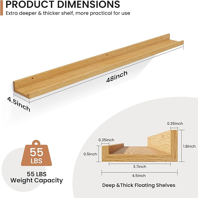 Fun Memories Picture Ledge Shelves Set of 2, 48 Inch Rustic Wall Mounted Floating Shelves with Lip for Home Storage and Décor