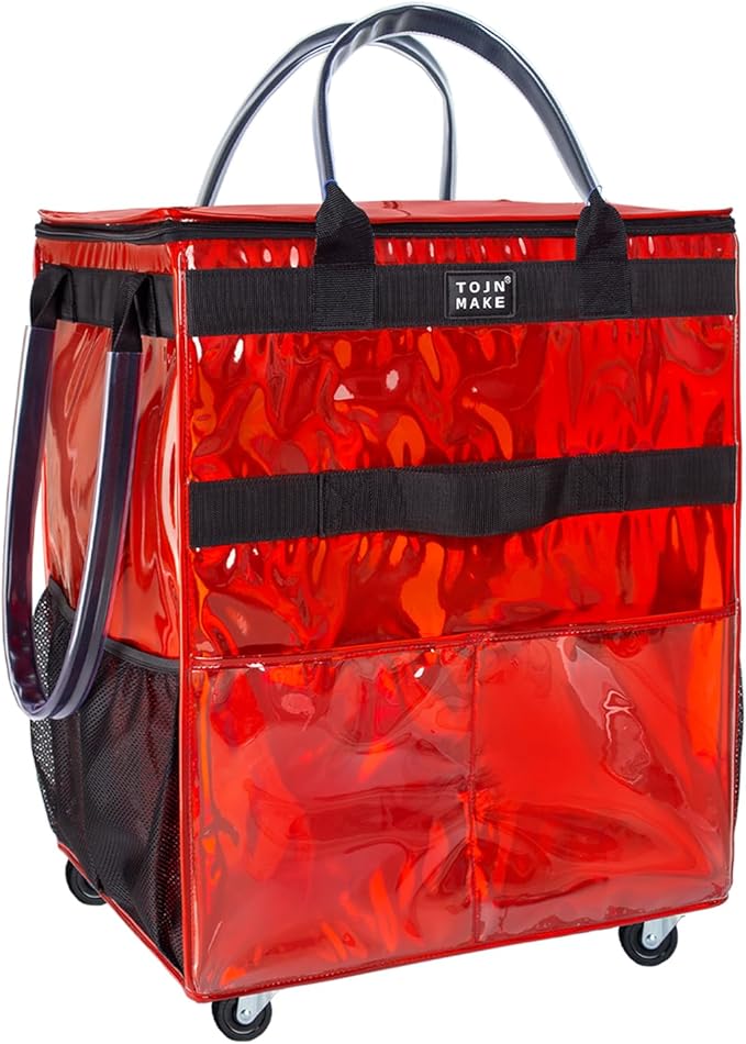 Reusable Grocery Bag with Wheels (Large, Glitter Red), Rolling Shopping Bag with 8 Pockets and Zipper Cover Foldable Rolling Tote for Women, Travel, Garden, Carries Up to 76LBS