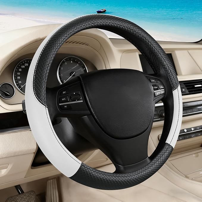 Black & White Car Steering Wheel Cover, Microfiber, Leather Patchwork, Universal 14.5-15 Inch Leather Anti-Slip Breathable Au